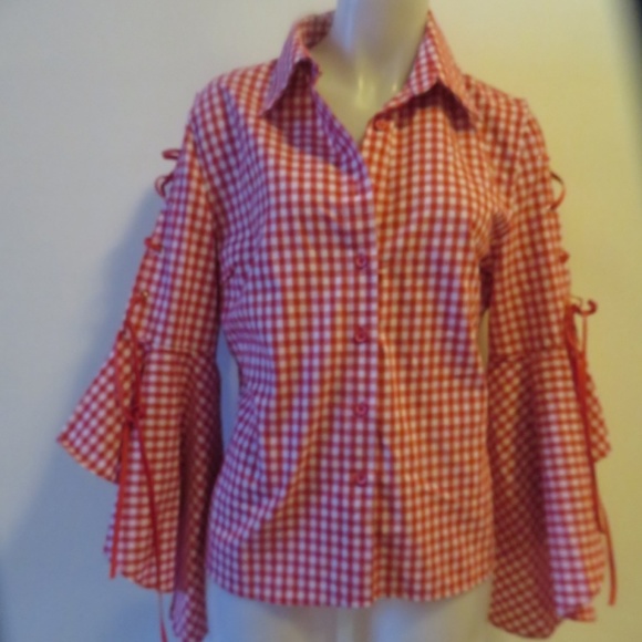 MEBOUTIQUE RED/WHITE CHECK TOP, TIE/FLARE SLEEVE-M - Picture 5 of 8